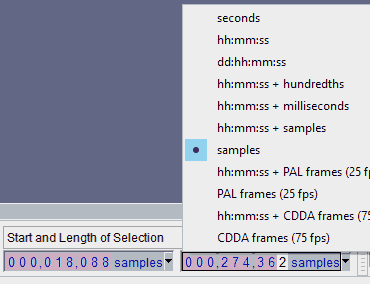 A screenshot of Audacity, showing the various options for time measurement.
